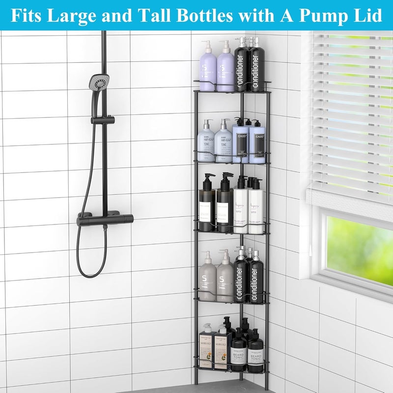 HuggieGems 5 Tier Floor Standing Corner Shower Caddy Organizer Shelf with Hooks, Bathroom Shelves Stand Rack, Black - Image 3